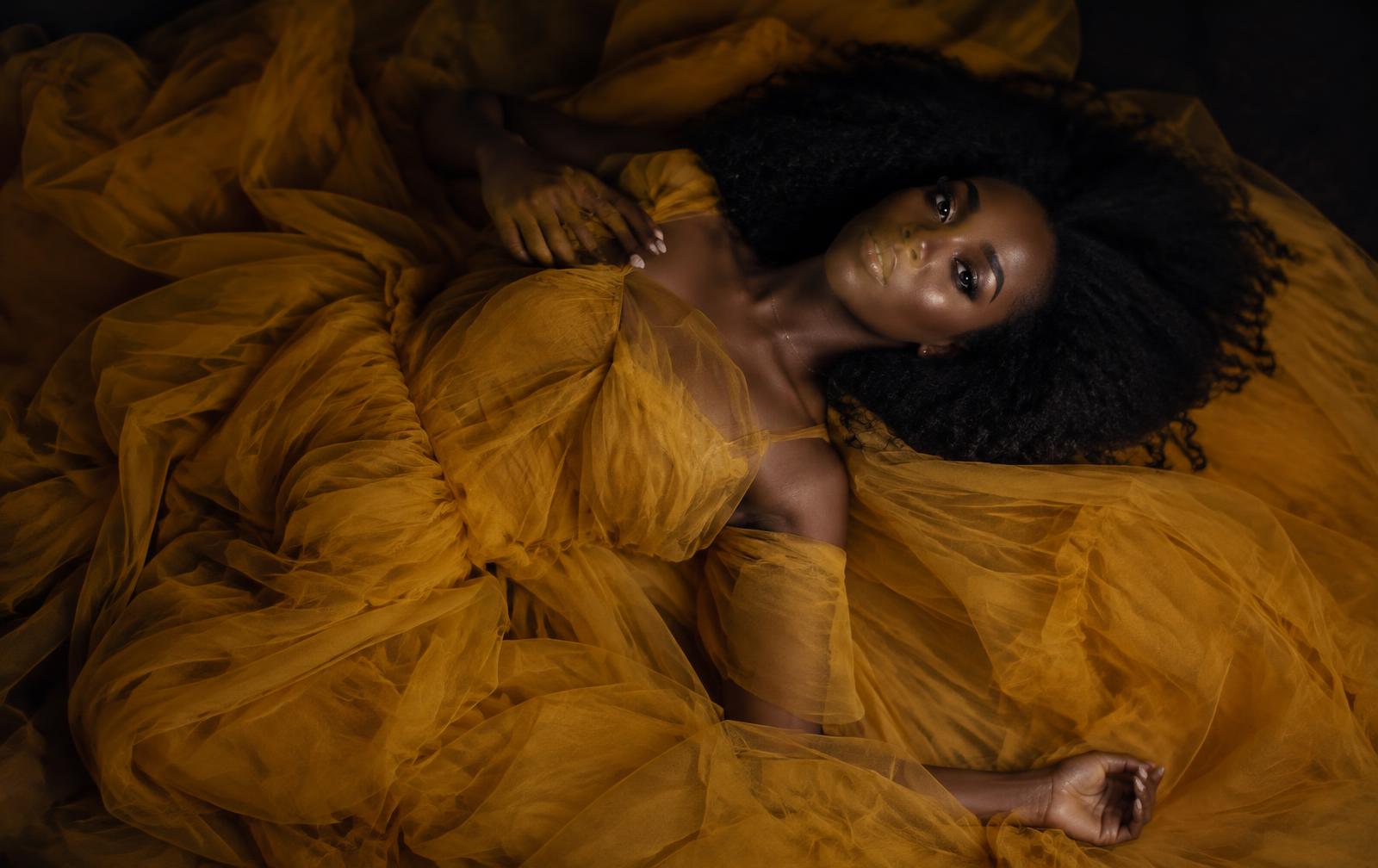 Portrait in gold tulle gown